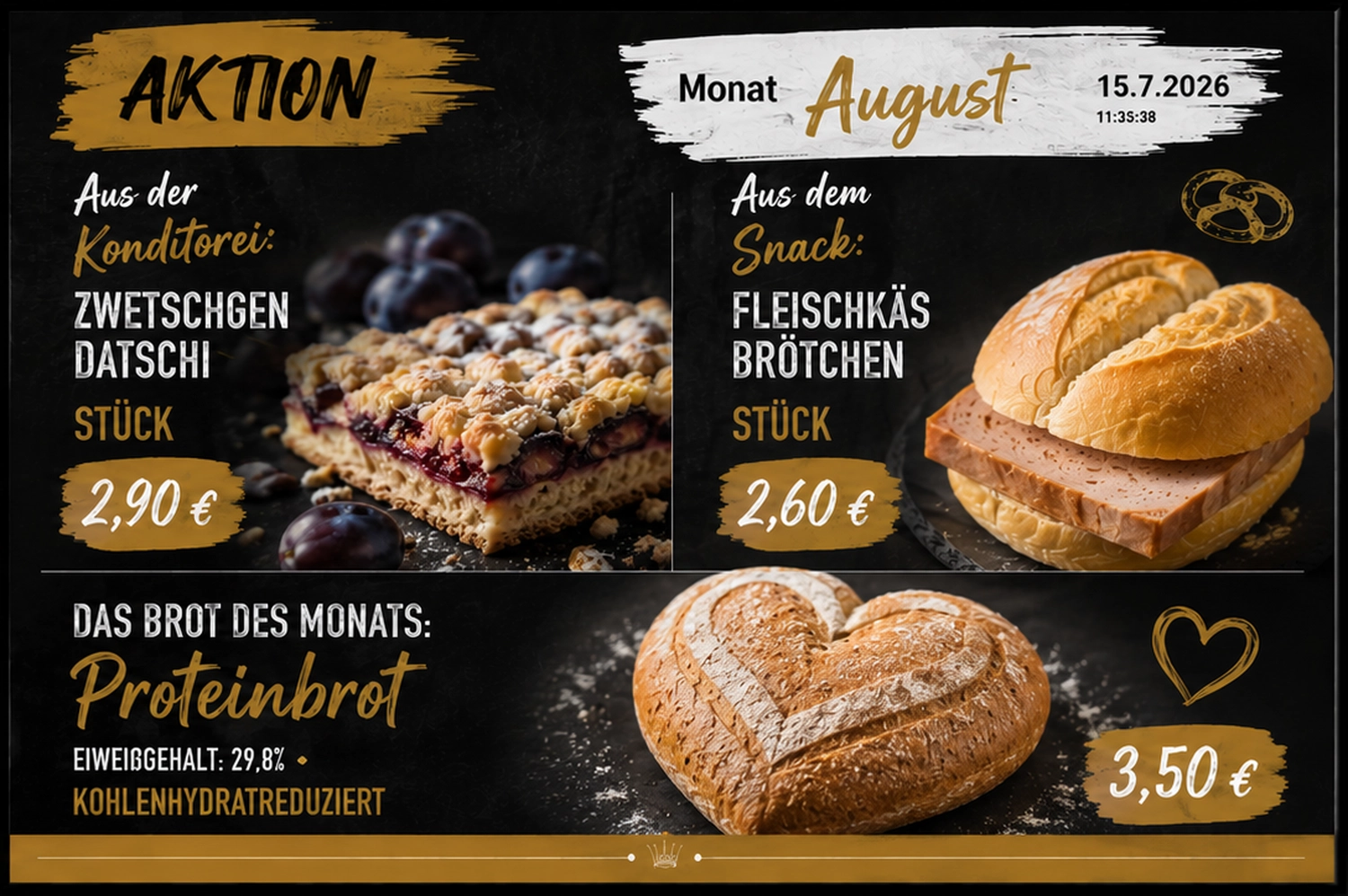 Hieber GmbH - Bäckerei - Bäckerei-Menütafel-Highlights August-Specials mit Zwetschgendatschi für 2,90 €, einem Fleischkäsbrötchen-Snack für 2,60 € und einem herzförmigen Proteinbrot des Monats mit 29,8 % Proteingehalt und reduzierten Kohlenhydraten zum Preis von 3,50 €.